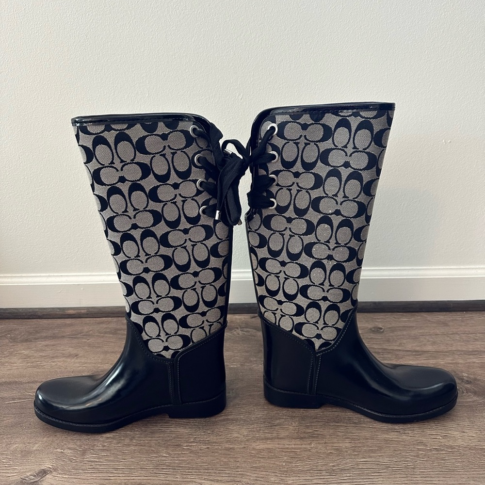 Coach Black & Grey Signature Logo Knee-High Boots - Picture 6 of 13